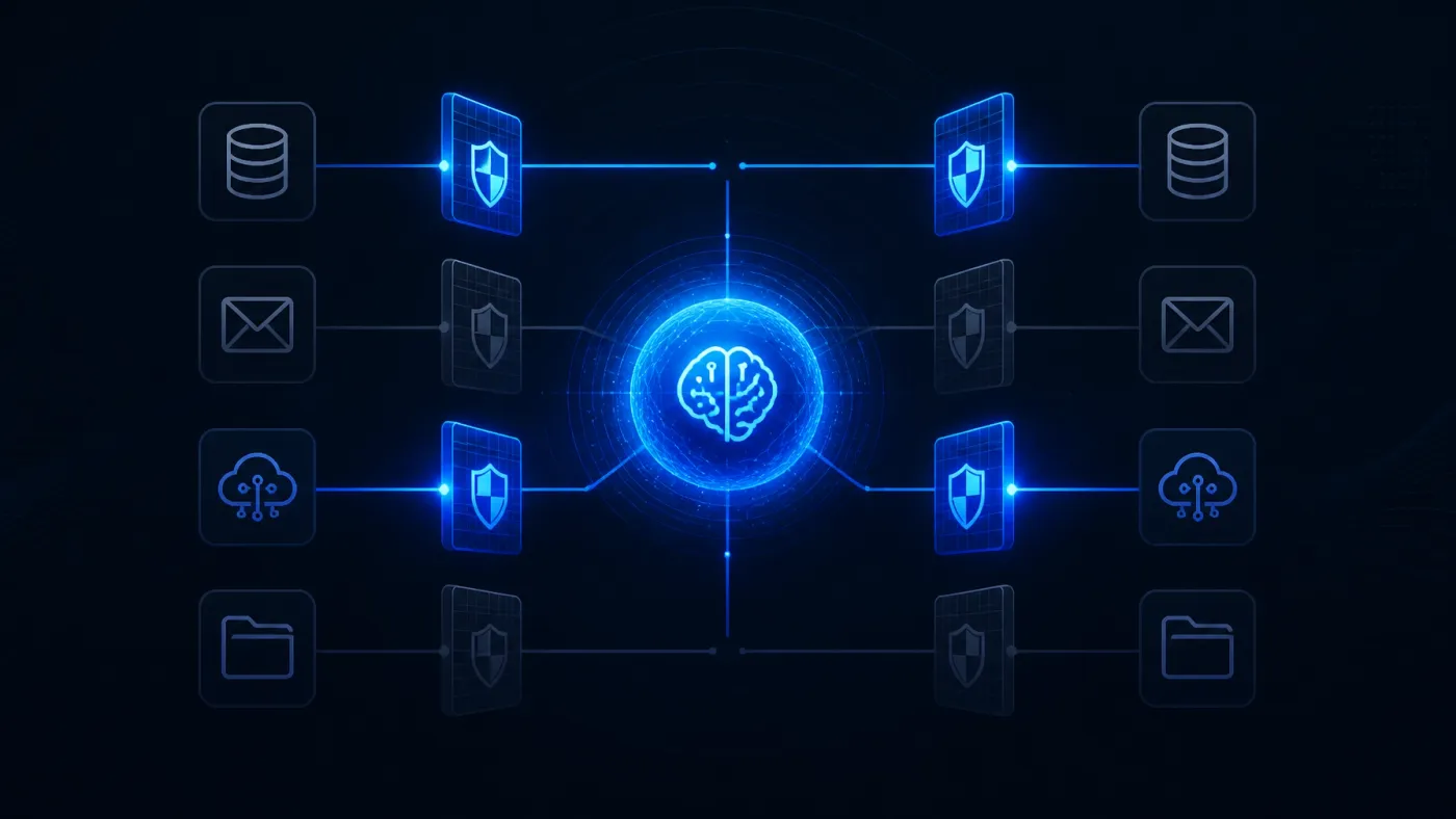 AI agent connected to permission gates for databases, email, APIs, and files