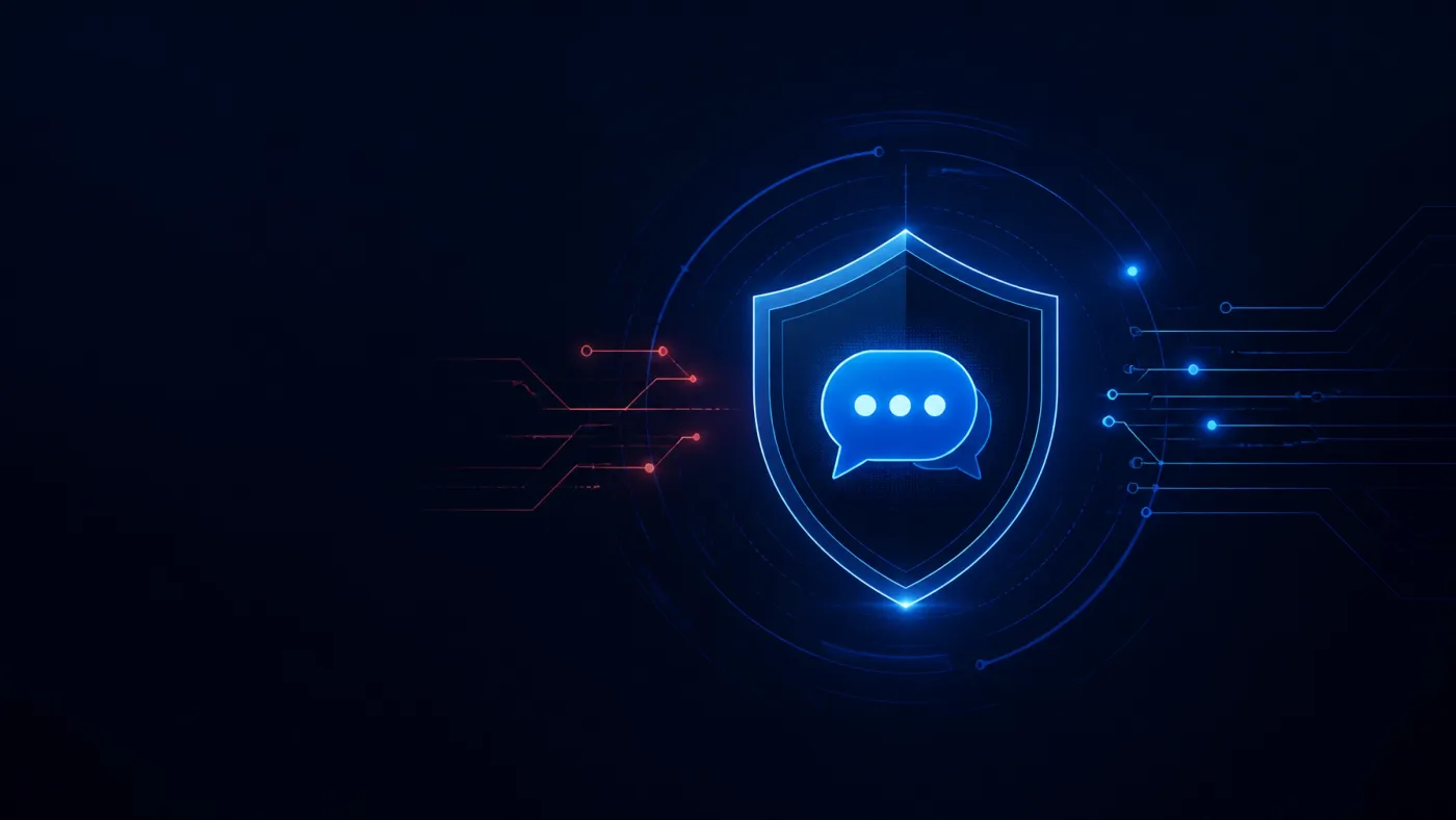 Abstract AI chatbot protected by a glowing cybersecurity shield