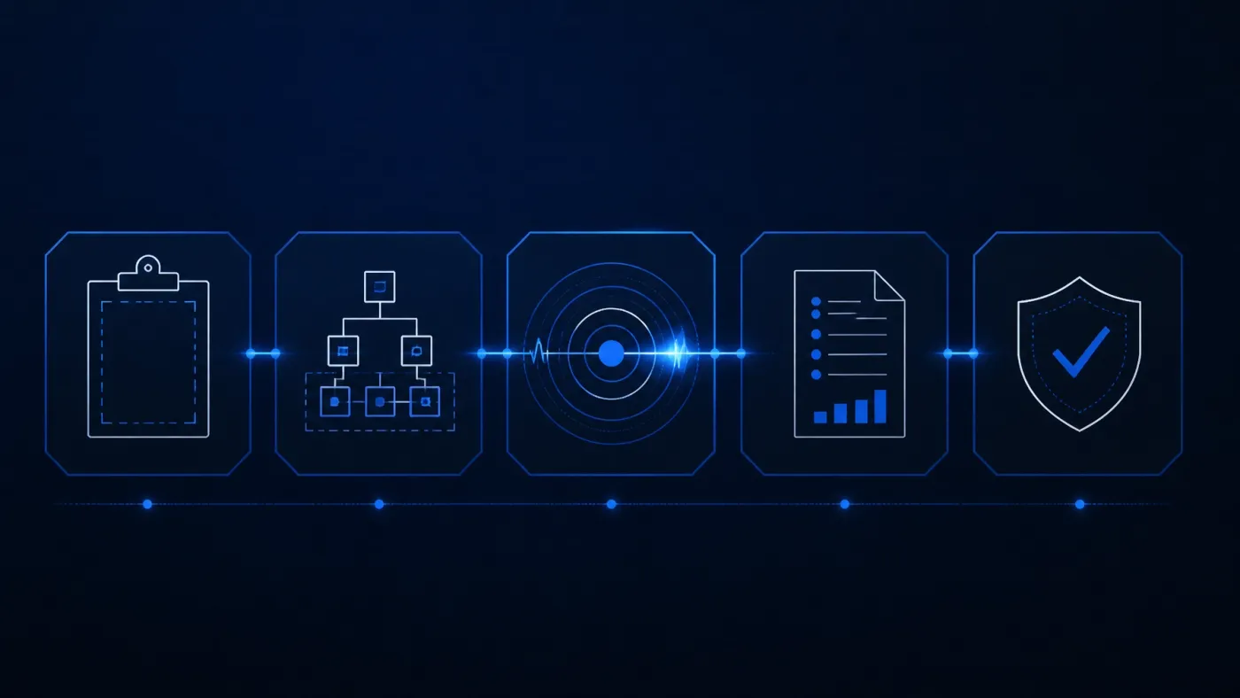 Five-stage AI penetration testing process represented by connected security nodes